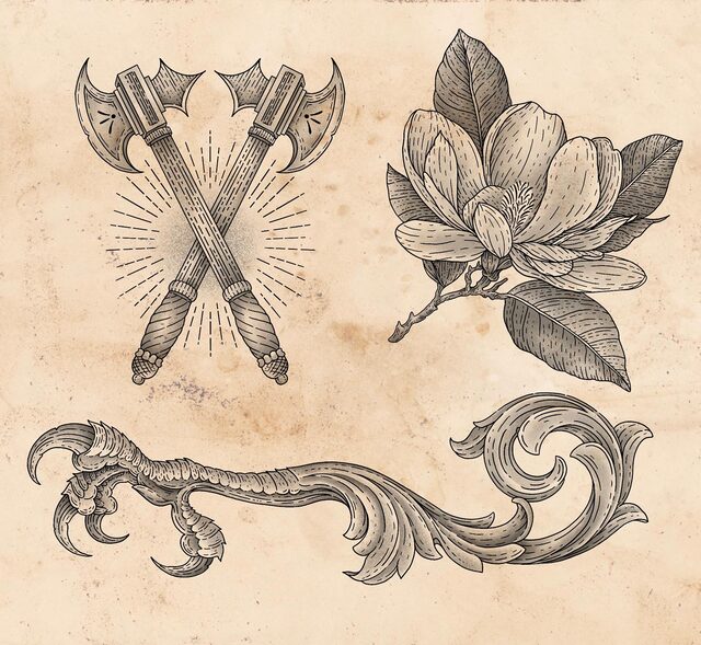Flash sheet of crossed axes, a magnolia branch and a bird’s claw holding a baroque scroll
