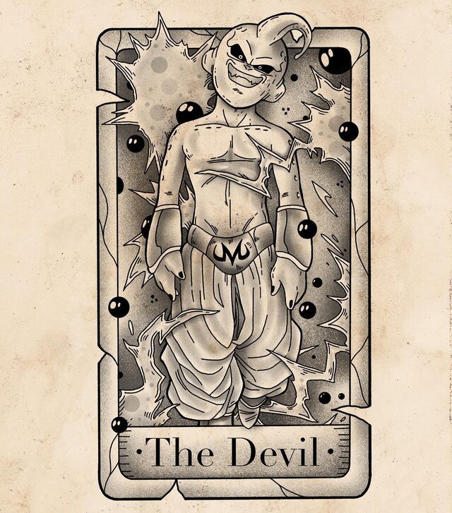 Tarot card drawing titled The Devil showing Majin Buu from Dragon Ball