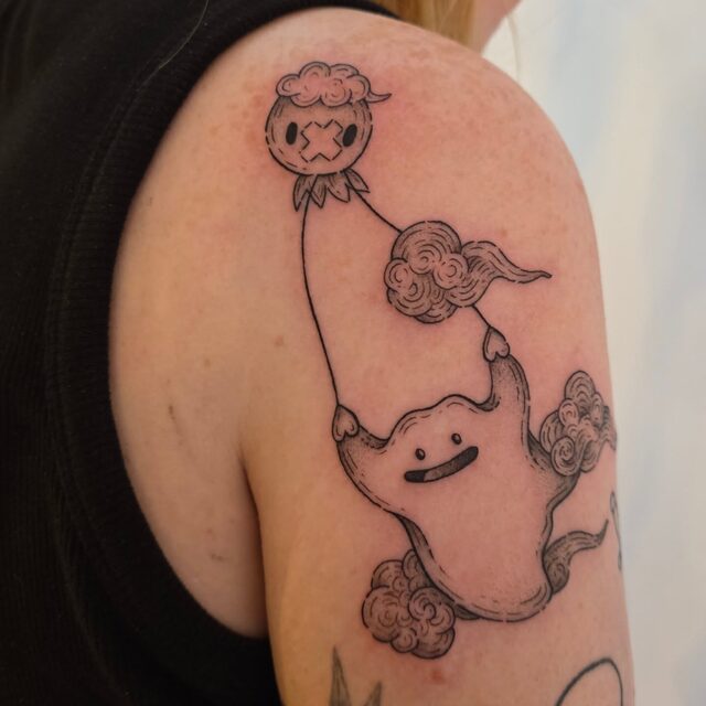 Ditto transformed into Drifloon, floating among swirling clouds on a shoulder