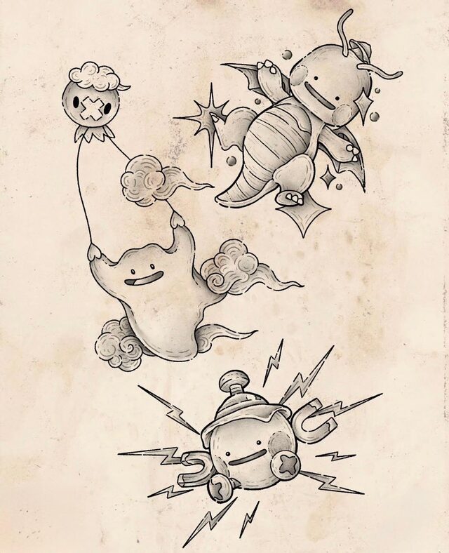 Flash sheet of Ditto transformed into Drifloon, Dragonite and Magnemite