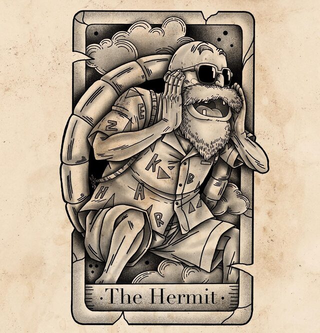 Tarot card drawing titled The Hermit showing Master Roshi from Dragon Ball with his turtle shell
