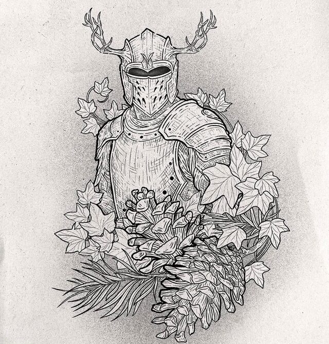 Drawing of a knight in plate armor with antlers on his helm, half hidden by ivy and pine