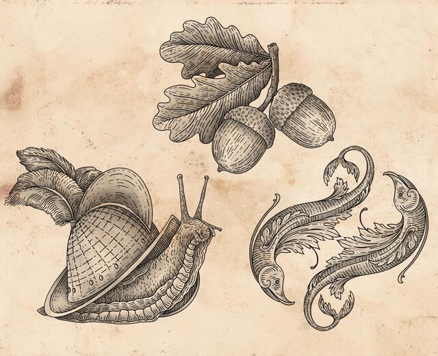 Flash sheet of a snail with a knight’s helmet for a shell, oak leaves and acorns, and acanthus scrolls